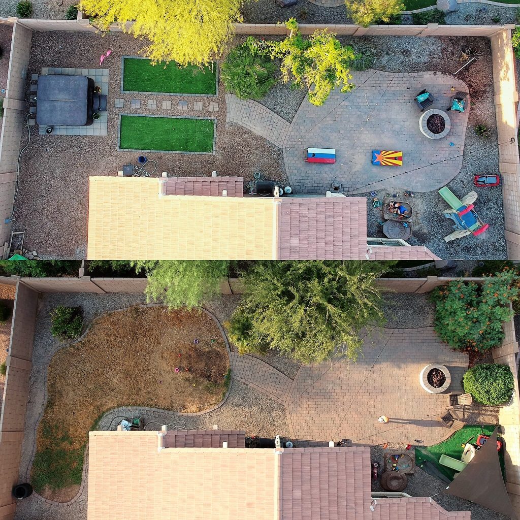 Aerial view of back yard from drone