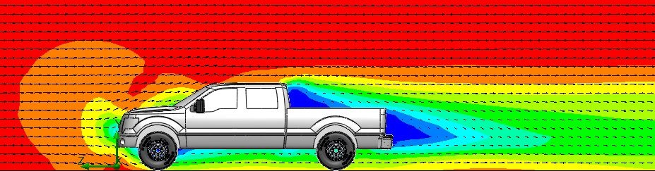 Velocity cut plot of airflow around a 2014 F150 pickup truck with tailgate closed.