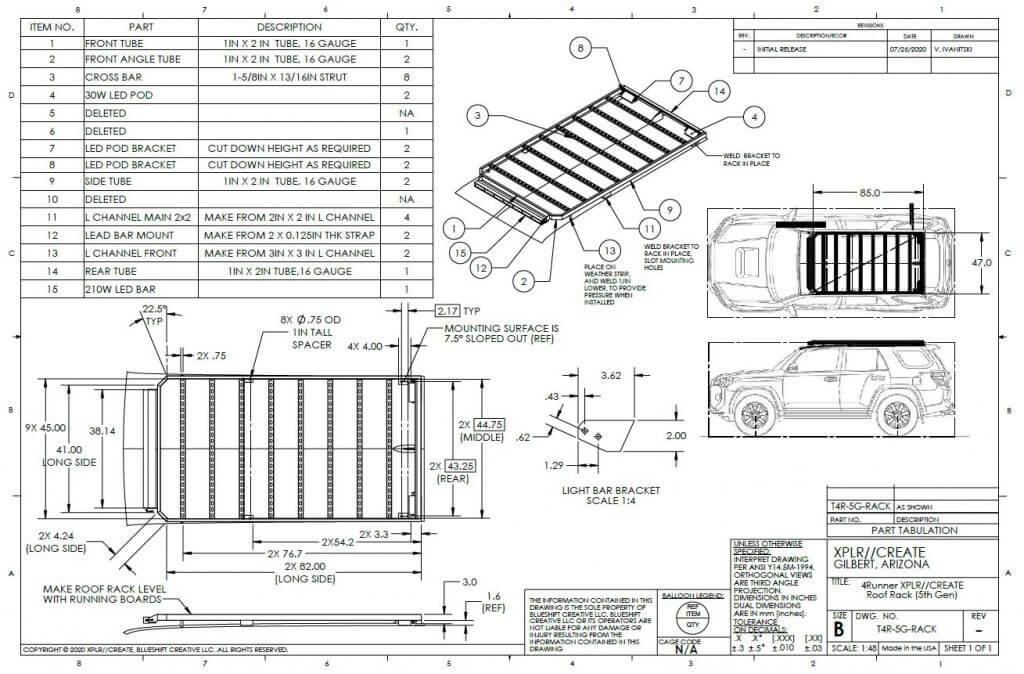 DIY 4Runner roof Rack fabrication drawing blueprint dimensions