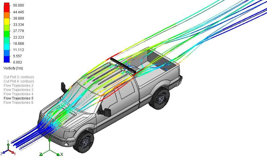 Isometric view of air flow over the roof of an f150 pickup truck with an LED bar above the roof behind the cab on a sport bar type mount