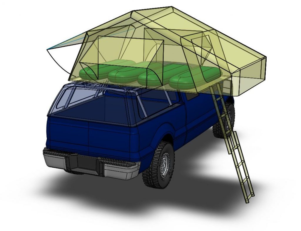 3D CAD model of F150 with roof top tent and supportin gstructure